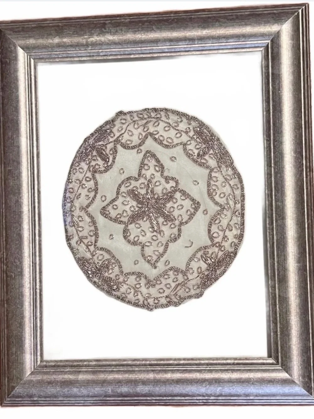 Framed Silver Lace and Beaded Antique Doily Wall Art - Home Accents